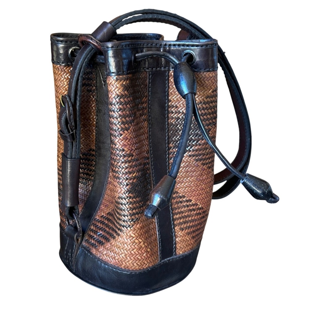 Woven Leather Drawstring Bucket Bag Brown Black Shoulder Bag Handbag Basket - Picture 1 of 10